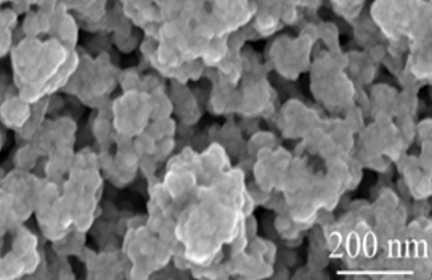 Scanning electron micrograph of FeynMed's nanocrystalline silver, showing clustered nanoscale crystals against a 200 nanometre scale bar
